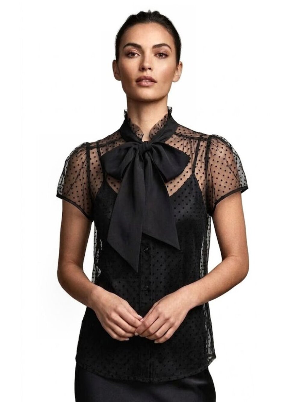Marc Jacobs Flocked Polka Dot Mesh Tie-Neck Blouse, Black, Womens Size 4
